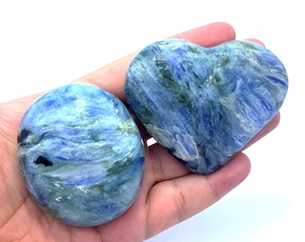 Blue Kyanite Palm Stone Set: Heart & Oval, Polished Gemstone (418 Grams)