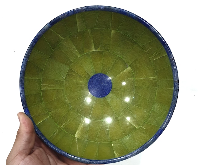 Top Quality Green King Shah Maqsood Jade Plus Lapis Lazuli Round Bowl - Lapis Bowl - Shah Maqsood Bowl Crystal 780 Grams