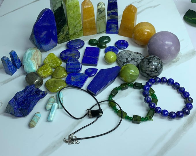 Great Quality Mix Stones Lot - Lapis Lazuli - Lepidolite - Jade - Larvikite - Calcite - Nephrite Jade - Pyrite - Tourmaline 2.2 Kg