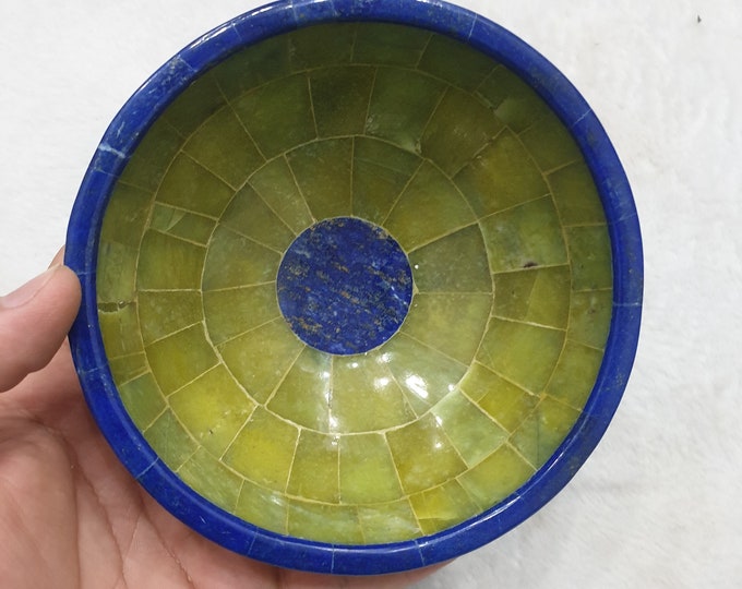 325 Grams Top Quality Green King Shah Maqsood Jade Plus Lapis Lazuli Round Bowl - Lapis Bowl - Shah Maqsood Bowl
