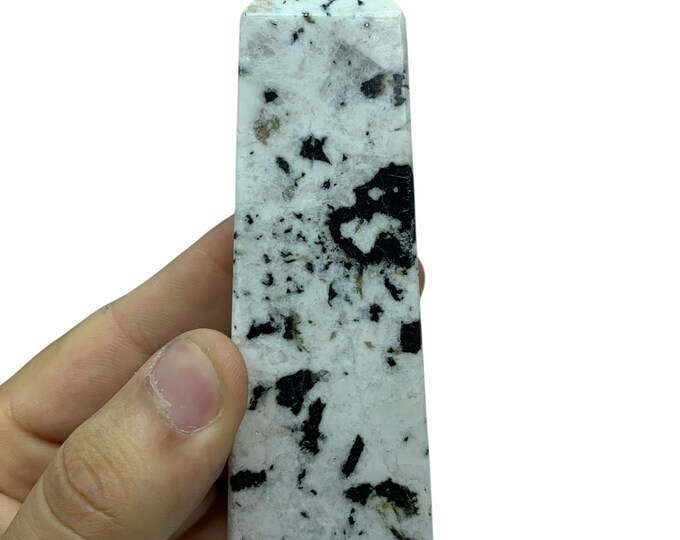 245g Black Tourmaline on Quartz Tower, Obelisk Gemstones