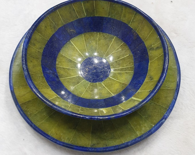 Top Quality Green King Shah Maqsood Jade Plus Lapis Lazuli Round Bowl - Lapis Bowl - Shah Maqsood Plate - Lapis Plate 925 Grams