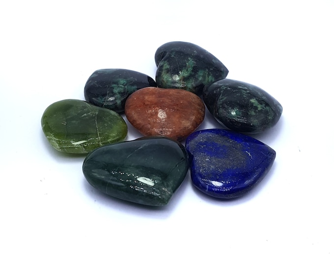7 Pcs Great Quality Mix Color Hearts - Lapis Heart - Jade Heart - Serpentine Heart - Mix Stone Crystals 265 Grams