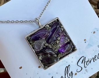 Amethyst & Pyrite Crystal Pendant and Chain, Crystal Necklace, Raw crystal Necklace, Silver Necklace, Crystal, Hippie, Jewellery, Boho.
