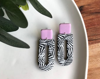 Lilac and black tropical fern earrings, Large statement dangle earrings, Handmade polymer clay jewellery, Fun dangle earrings