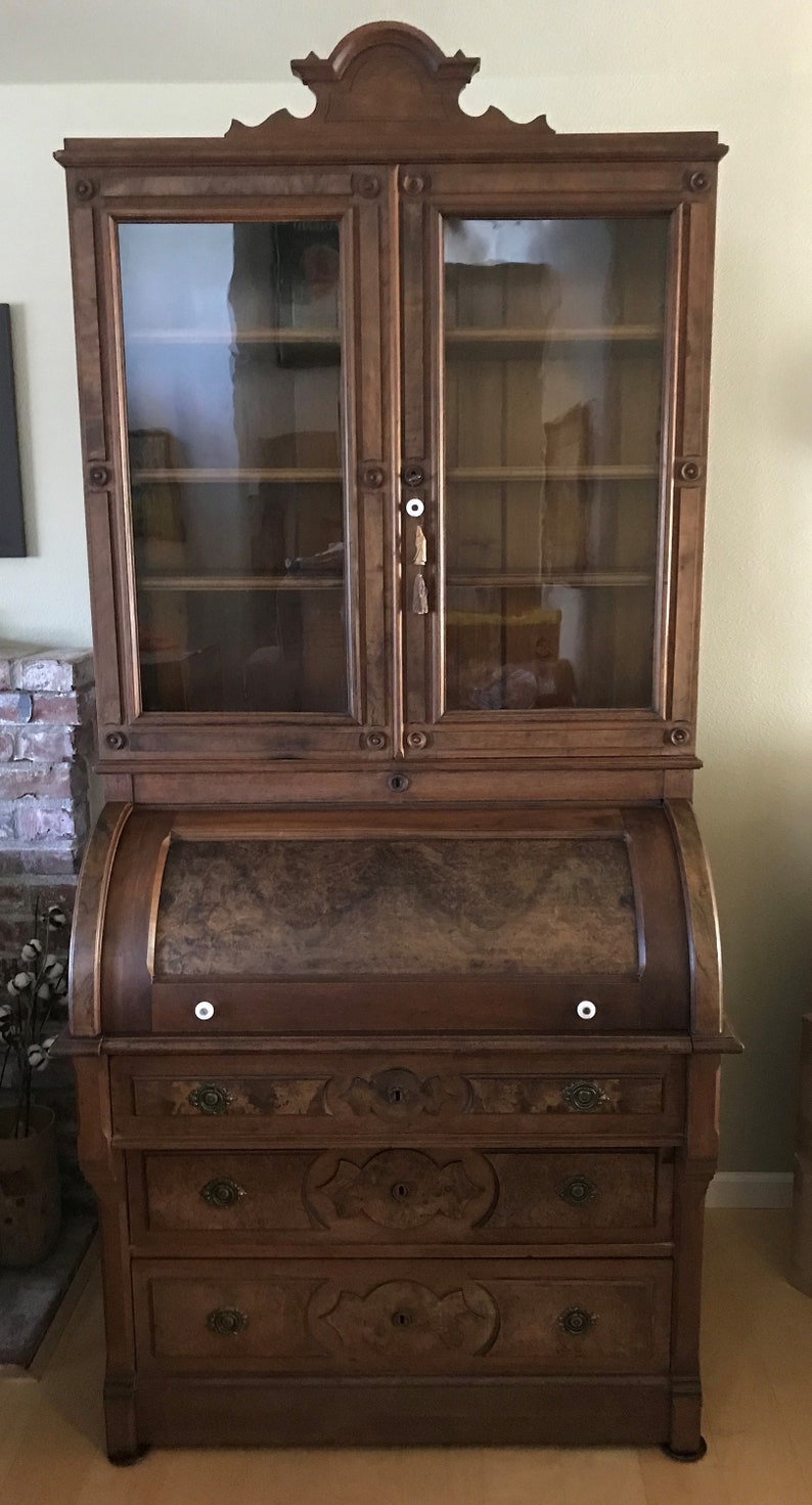 Vintage Walnut Roll Secretary Desk with Bookcase/Hutch Top ...