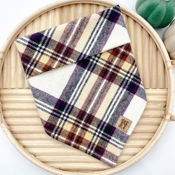 Cranberry Pie FLANNEL Bandana | tartan plaid tie on dog bandana fall dog scarf dog accessory beige dog neckerchief autumn thanksgiving scarf