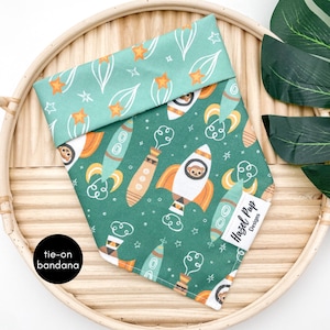 Space Monkey Reversible Bandana | monkey spaceship tie on dog bandana green rocket dog scarf shooting star pet accessory monkey business