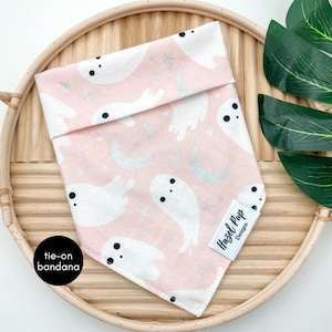 Squad Ghouls Bandana | pink ghost tie on dog bandana silver metallic halloween dog scarf spooky fall dog accessory moons and stars bandana