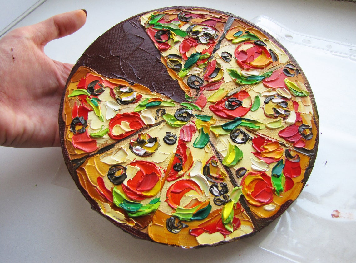 Pizza Art Original Painting Round Artwork Food Art Canvas Wall Etsy
