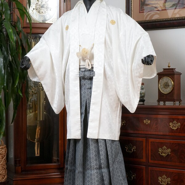 DEAR VANILLA Vintage Traditional Authentic Men's Kimono/Haori/Hakama Set Japanese Samurai Robe/Jacket Ensemble dress Made in Japan MKE-0087