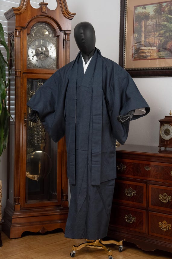 DEAR VANILLA Vintage Traditional Authentic Men's Kimono & Haori Set Japanese Samurai Robe/Jacket Ensemble Dress Genuine Vintage MKE-0192