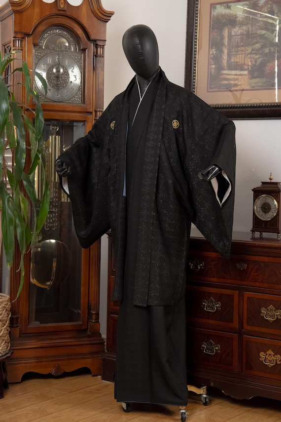 DEAR VANILLA Vintage Traditional Authentic Men's Kimono & Haori Set Japanese Samurai Robe/Jacket Ensemble Dress Genuine Vintage MKE-0219