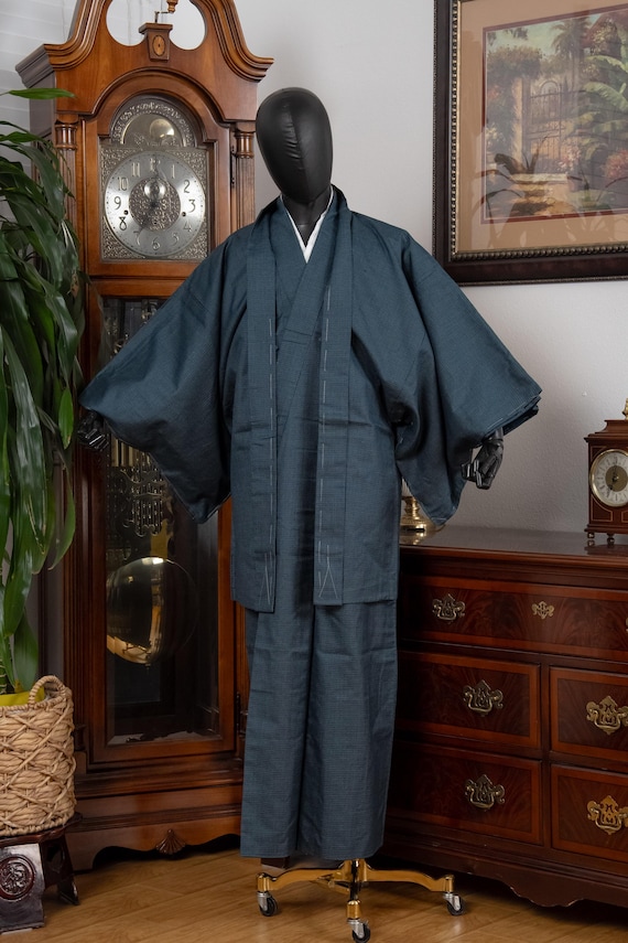DEAR VANILLA Vintage Traditional Authentic Men's Kimono & Haori Set Japanese Samurai Robe/Jacket Ensemble Dress Genuine Vintage MKE-0185