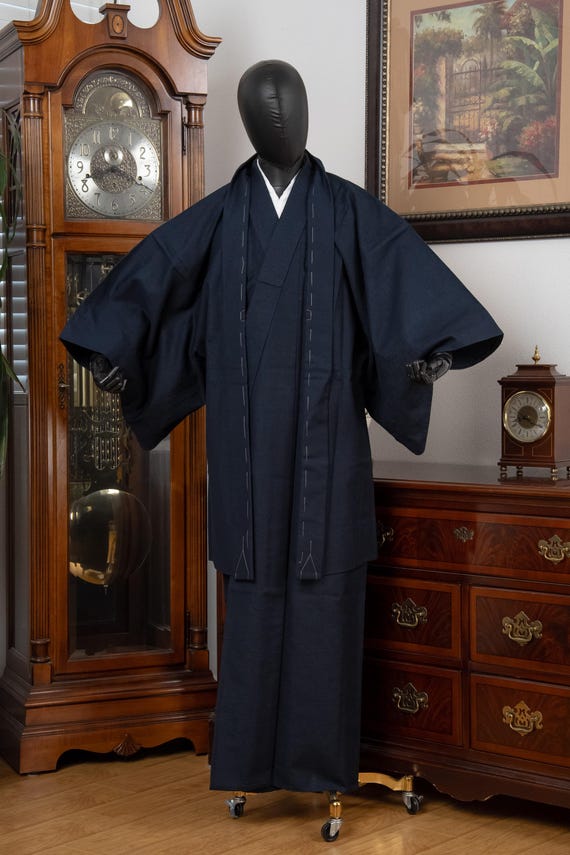 DEAR VANILLA Vintage Traditional Authentic Men's Kimono & Haori Set Japanese Samurai Robe/Jacket Ensemble Dress Genuine Vintage MKE-0195
