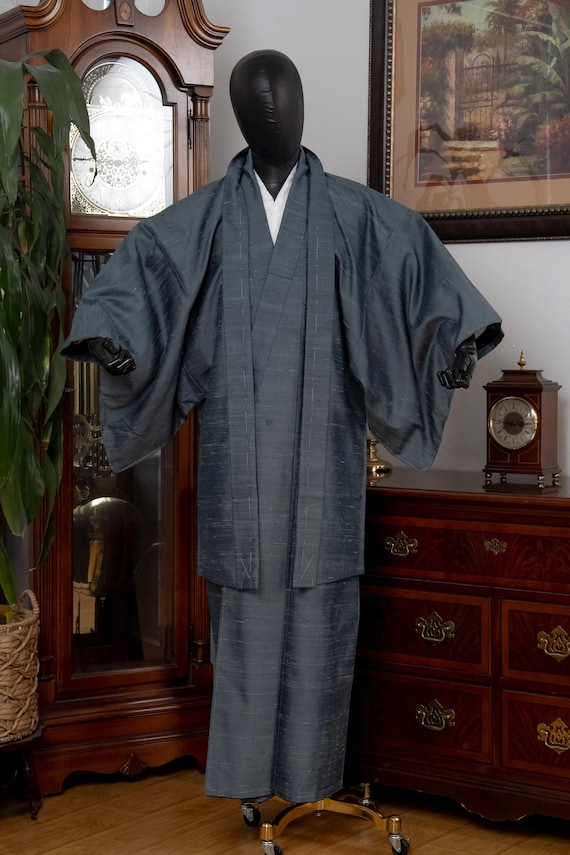 DEAR VANILLA Vintage Traditional Authentic Men's Kimono & Haori Set Japanese Samurai Robe/Jacket Ensemble Dress Genuine Vintage MKE-0208