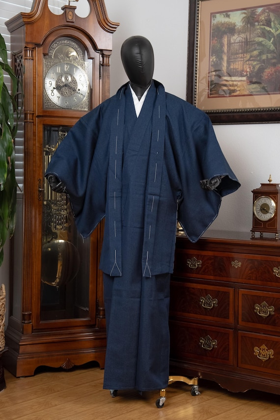 DEAR VANILLA Vintage Traditional Authentic Men's Kimono & Haori Set Japanese Samurai Robe/Jacket Ensemble Dress Genuine Vintage MKE-0191