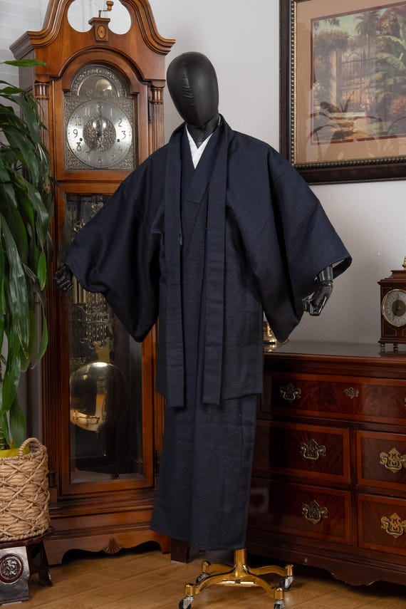 DEAR VANILLA Vintage Traditional Authentic Men's Kimono & Haori Set Japanese Samurai Robe/Jacket Ensemble Dress Genuine Vintage MKE-0181
