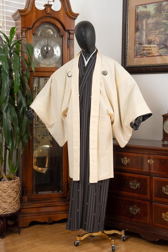 DEAR VANILLA Vintage Traditional Authentic Men's Kimono & Haori Set Japanese Samurai Robe/Jacket Ensemble Dress Genuine Vintage MKE-0178