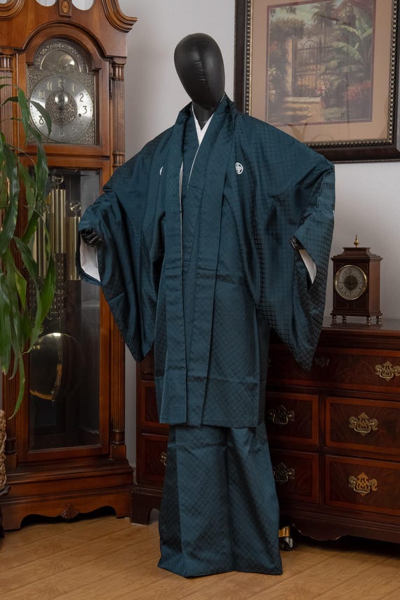 DEAR VANILLA Vintage Traditional Authentic Men's Kimono & Haori Set Japanese Samurai Robe/Jacket Ensemble Dress Genuine Vintage MKE-0217