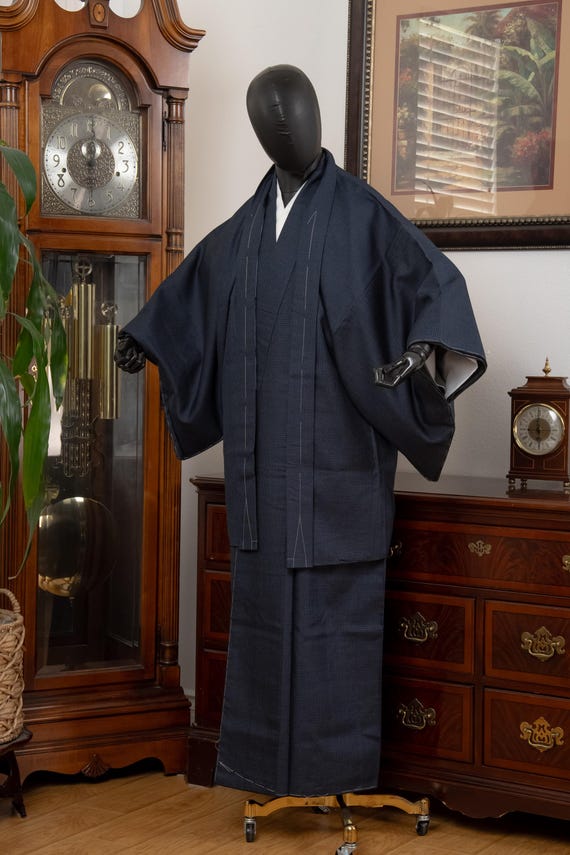 DEAR VANILLA Vintage Traditional Authentic Men's Kimono & Haori Set Japanese Samurai Robe/Jacket Ensemble Dress Genuine Vintage MKE-0223