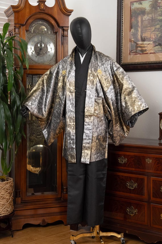 DEAR VANILLA Vintage Traditional Authentic Men's Kimono & Haori Set Japanese Samurai Robe/Jacket Ensemble Dress Genuine Vintage MKE-0177