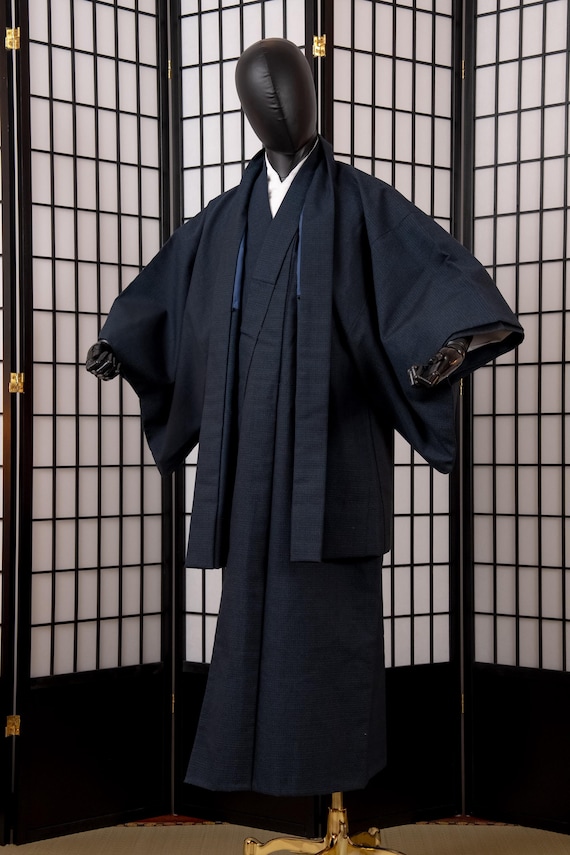DEAR VANILLA Vintage Traditional Authentic Men's Kimono & Haori Set Japanese Samurai Robe/Jacket Ensemble Dress Genuine Vintage MKE-0209