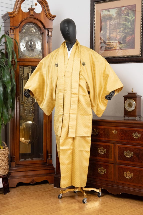 DEAR VANILLA Vintage Traditional Authentic Men's Kimono & Haori Set Japanese Samurai Robe/Jacket Ensemble Dress Genuine Vintage MKE-0174