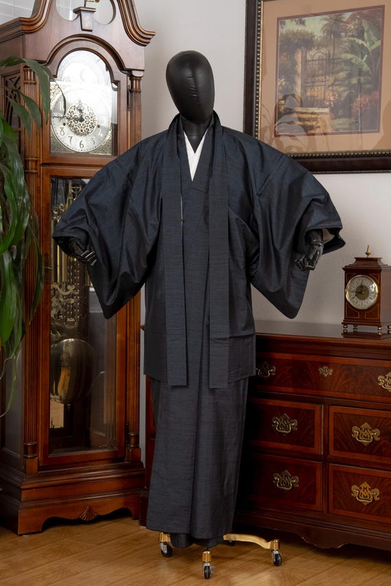 DEAR VANILLA Vintage Traditional Authentic Men's Kimono & Haori Set Japanese Samurai Robe/Jacket Ensemble Dress Genuine Vintage MKE-0201