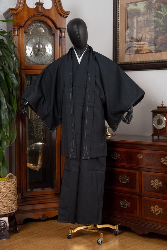 DEAR VANILLA Vintage Traditional Authentic Men's Kimono & Haori Set Japanese Samurai Robe/Jacket Ensemble Dress Genuine Vintage MKE-0183
