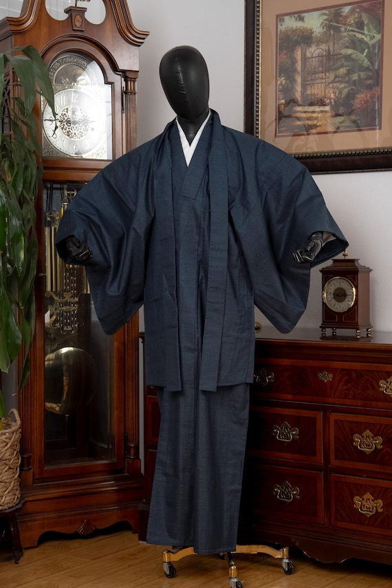 DEAR VANILLA Vintage Traditional Authentic Men's Kimono & Haori Set Japanese Samurai Robe/Jacket Ensemble Dress Genuine Vintage MKE-0206