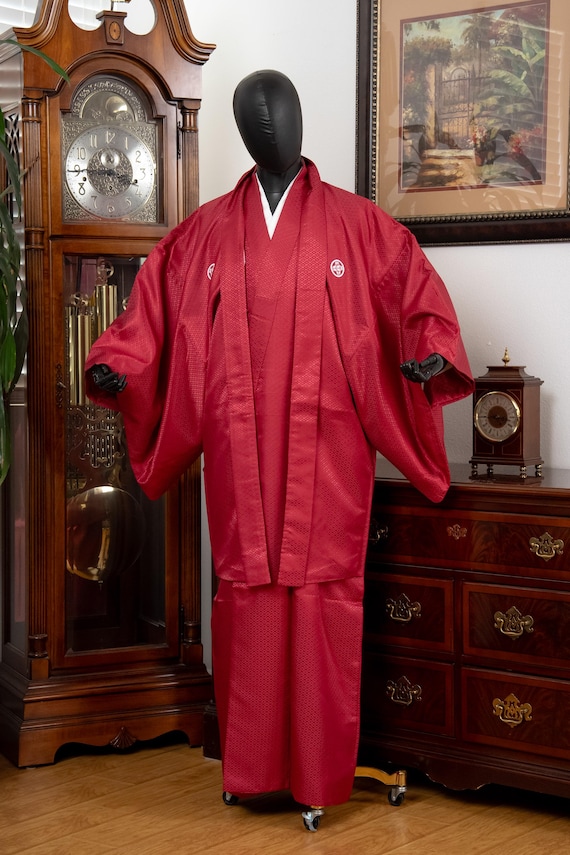 DEAR VANILLA Vintage Traditional Authentic Men's Kimono & Haori Set Japanese Samurai Robe/Jacket Ensemble Dress Genuine Vintage MKE-0188