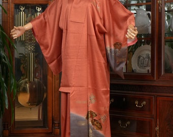 DEAR VANILLA Authentic Traditional Japanese Homongi Kimono for Women Vintage Silk Robe Made in Japan KMH-0049