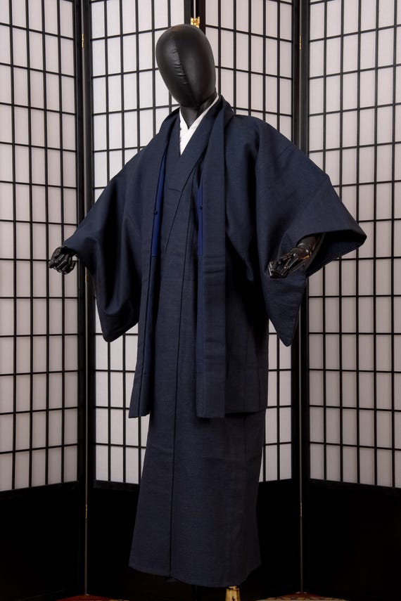 DEAR VANILLA Vintage Traditional Authentic Men's Kimono & Haori Set Japanese Samurai Robe/Jacket Ensemble Dress Genuine Vintage MKE-0210