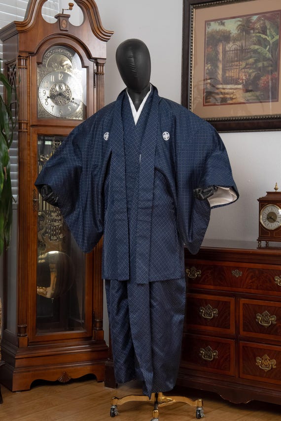 DEAR VANILLA Vintage Traditional Authentic Men's Kimono & Haori Set Japanese Samurai Robe/Jacket Ensemble Dress Genuine Vintage MKE-0190
