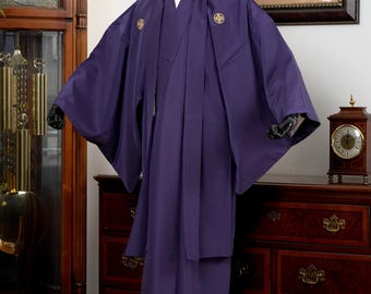 DEAR VANILLA Vintage Traditional Authentic Men&#39;s Kimono & Haori Set Japanese Samurai Robe/Jacket Ensemble Dress Genuine Vintage MKE-0140