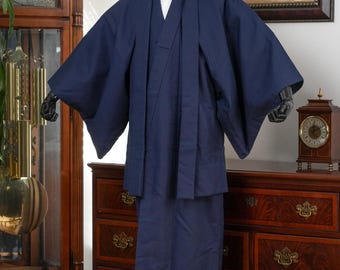 DEAR VANILLA Vintage Traditional Authentic Men's Kimono & Haori Set Japanese Samurai Robe/Jacket Ensemble Dress Genuine Vintage MKE-0149