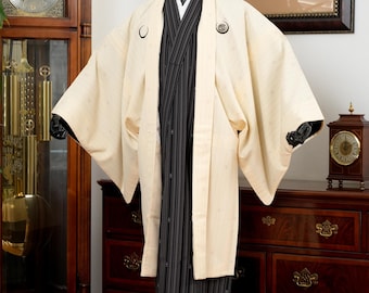 DEAR VANILLA Vintage Traditional Authentic Men's Kimono & Haori Set Japanese Samurai Robe/Jacket Ensemble Dress Genuine Vintage MKE-0137