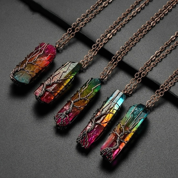 Healing Crystal Tree of Life Necklace / Pendant / Charm / Jewelry, Made with Rainbow Sunset Quartz / Stone / Gemstone