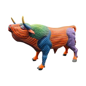Handmade Alebrije Bull – Mexican Folk Art Spirit Animal – Bright Wooden Figurine from Oaxaca - Medium