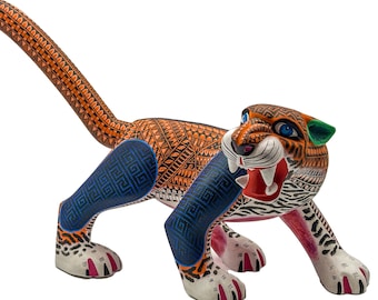 Mexican Alebrije Leopard – Handcrafted Wooden Sculpture Centerpiece from Oaxaca – Bright Colors – Fantasy Folk Art - Medium