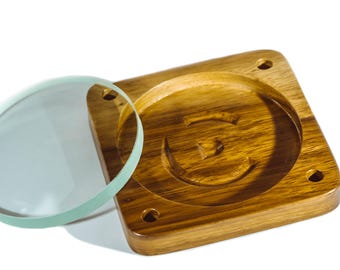 Teak Wood & Glass Spin Base – Reversible Concave Lens Display for Spinning Tops | Desk Display Stand