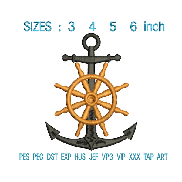 Anchor and wheel embroidery design, ship's wheel embroidery machine, boat's wheel embroidery design, embroidery design marine, Anchor L430