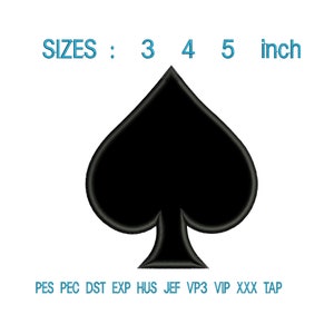 Spade applique ricamo disegno, Spade gioco di carte macchina ricamo, ricamo vanga, applique gioco di carte simbolo ricamo, L385