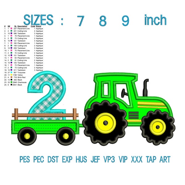 tractor 2nd birthday applique embroidery design, tractor pulling trailer embroidery machine, embroidery file, embroidery downloads L408