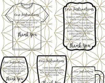 May include: A set of black and white care instruction graphics. The instructions are for a t-shirt, a decal, a wine glass, a pint glass, and a mug. Each graphic includes the words "Thank You".