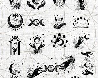 May include: A collection of black and white celestial illustrations featuring hands, moons, flowers, and stars. The designs include crescent moons cradled by hands, floral accents, and phases of the moon, perfect for mystical or spiritual themes.