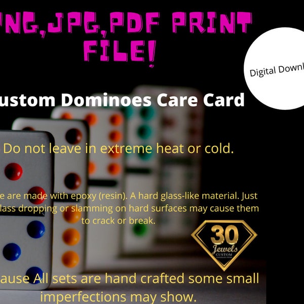 Ready to Print Care Card Resin Dominoes Instructions Card, Printable, Small Business Supplies, Washing Instructions, Digital File