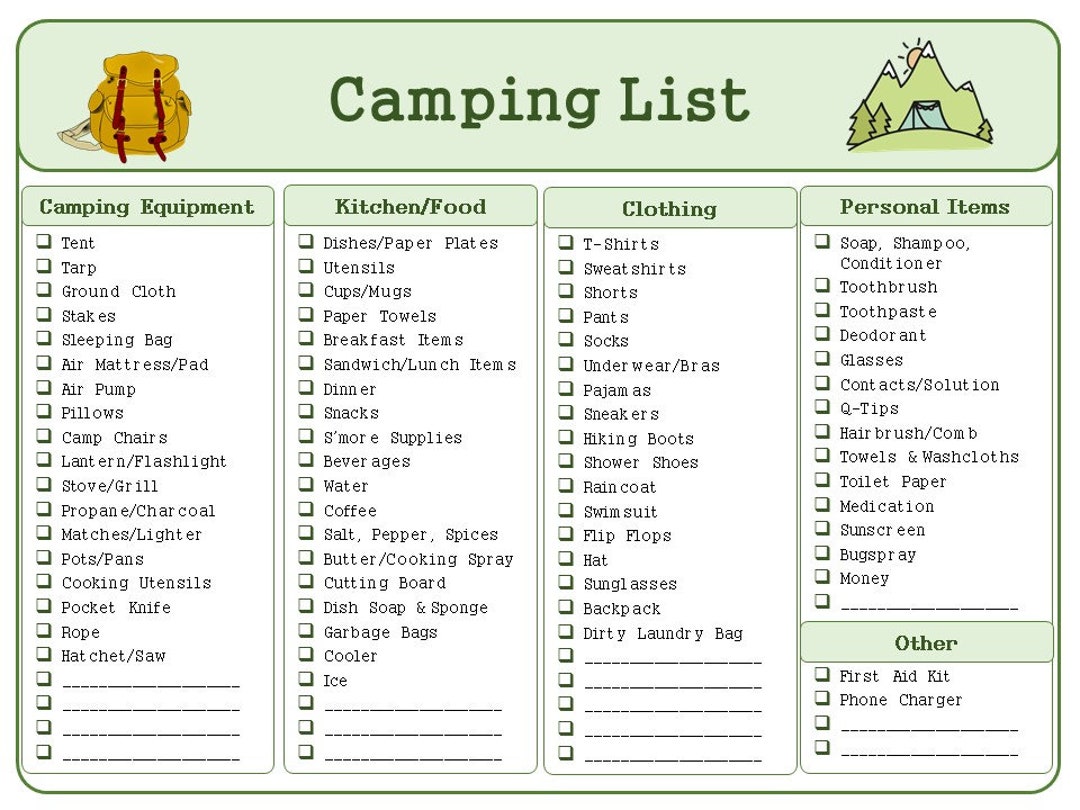 Camping Trip Packing List and Meal Plan Printable Bundle -  Canada