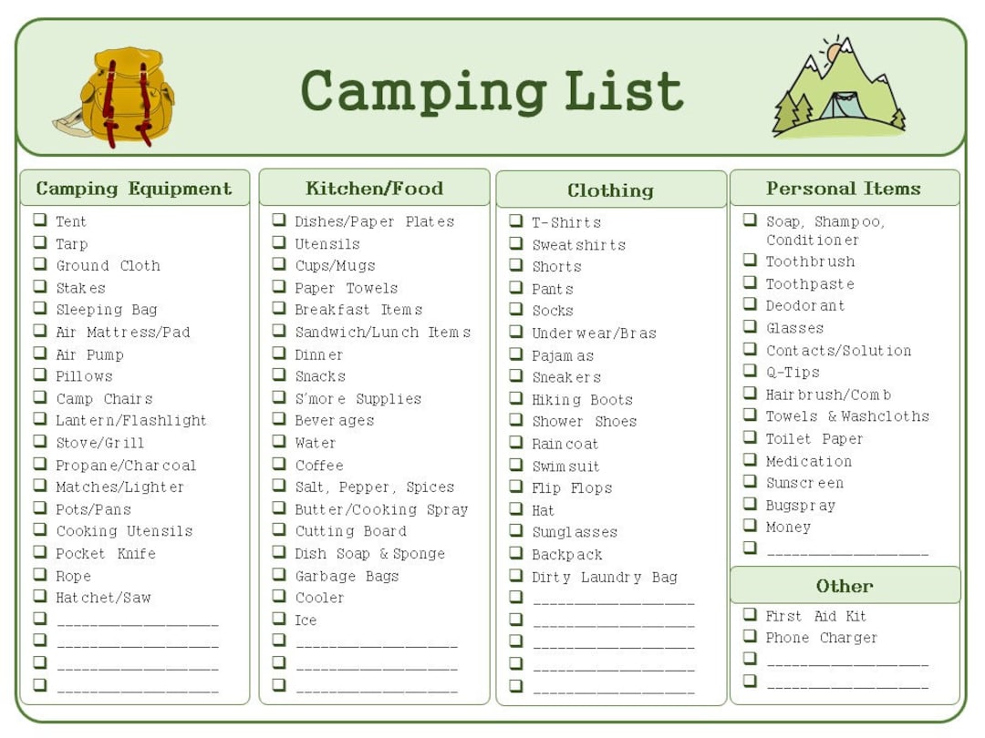 Camping Trip Packing List and Meal Plan Printable Bundle -  Canada